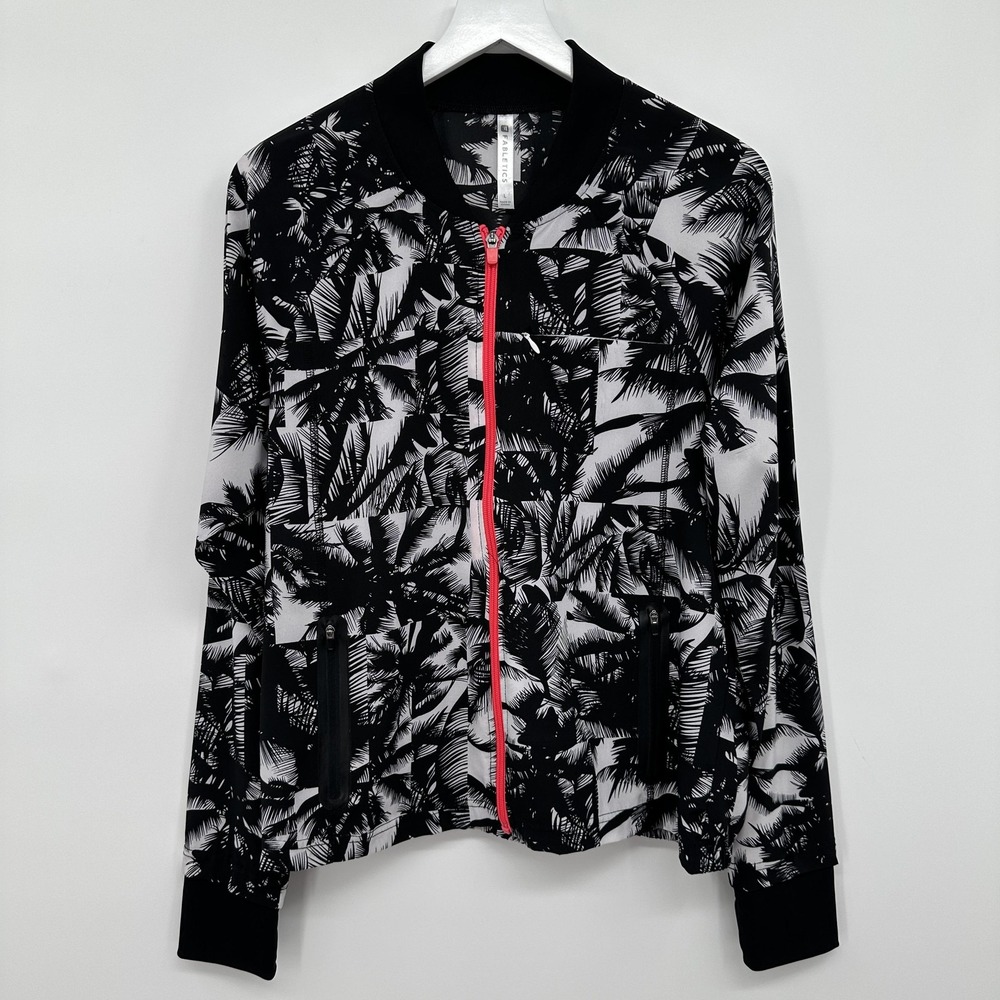 Fabletics Jacket Womens Large Black White Palm Print Full Zip Athletic Pockets‎